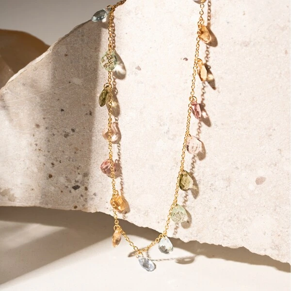 Colar Gotas Penduradas Cristais Peridoto, Citrino e Rodolita Banho de Ouro 18k