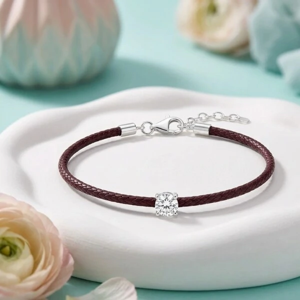 Pulseira Fio de Seda Marrom Zircônia Redonda | Prata 925 com Ródio Branco | Pingente 5mm | 16cm