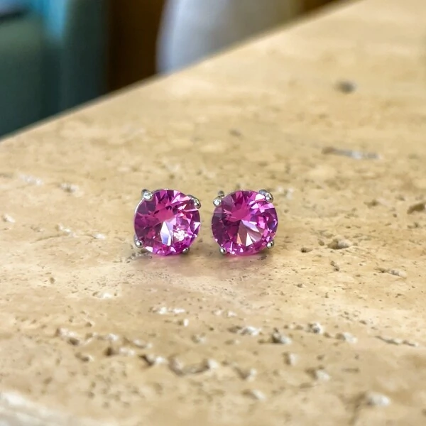 Brinco Solitário 8 MM Turmalina Pink Prata 925