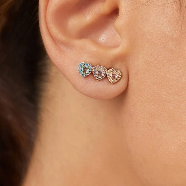 Brinco Ear Cuff Três Corações Topázio Azul, Ametista e Morganita Banho de Ouro 18 K