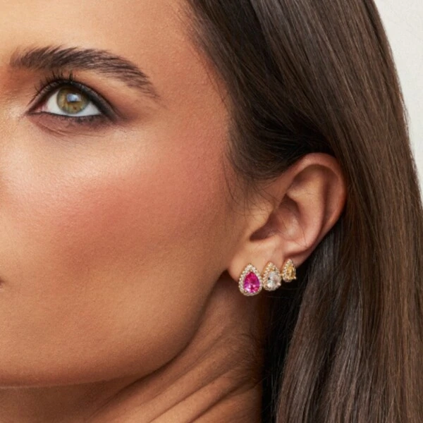 Brinco Gota M Rosa Escuro Banho de Ouro 18 K