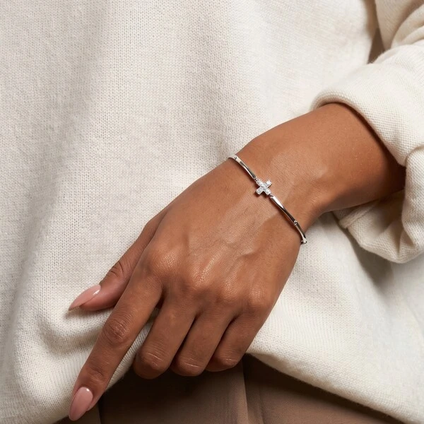 Pulseira com Plaquinhas e Cruz de Zircônias | Prata 925 com Ródio | 15 cm + 5 cm extensor