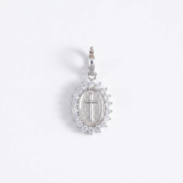 Pingente Medalha Cruz Halo Zircônias | Prata 925 com Ródio Branco | 1,5x1,1cm | Sem Corrente