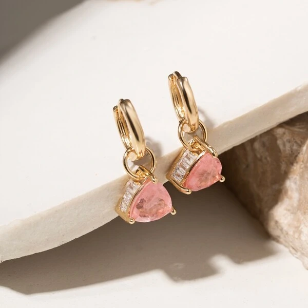 Brinco Ear Bling Trillion Fusion Quartzo Rosa e Zircônia Banho de Ouro 18k