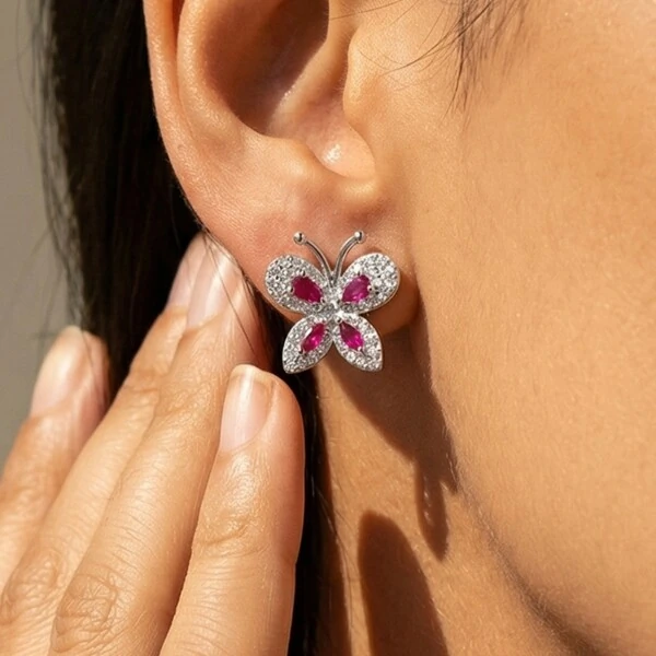 Brinco Borboleta Zircônia Rubi Prata 925