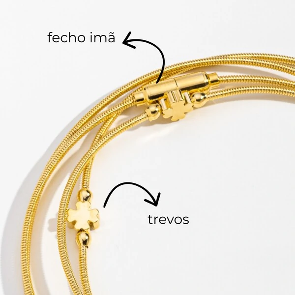 Pulseira Corda de Violão Trevos Banho de Ouro 18 K