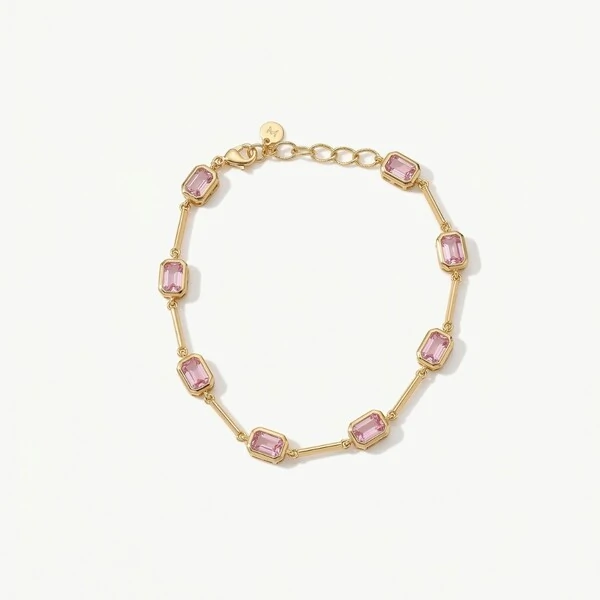 Pulseira Pedras Retangulares Intercaladas Rosa Claro | Banho de Ouro 18k | 5x3mm | Regulável 18–20cm