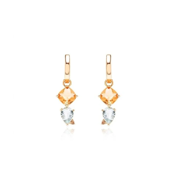 Brinco Ear Bling Quadrado e Gota Topázio Azul, Citrino e Zircônia Champagne Banho de Ouro 18k