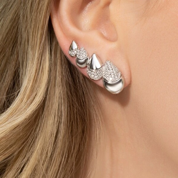 Brinco Ear Cuff Gotas Cravejadas e Lisas Ródio Branco