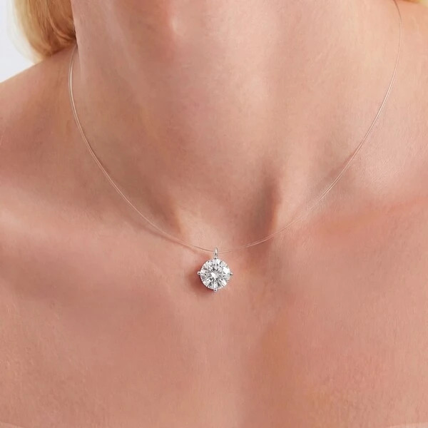 Colar Fio de Nylon Solitário Moissanite Redondo G | Prata 925 com Ródio | 35 cm + Extensor