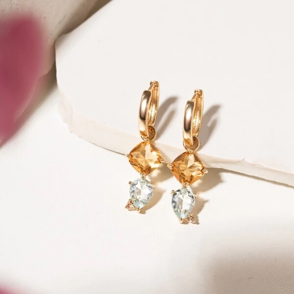 Brinco Ear Bling Quadrado e Gota Topázio Azul, Citrino e Zircônia Champagne Banho de Ouro 18k