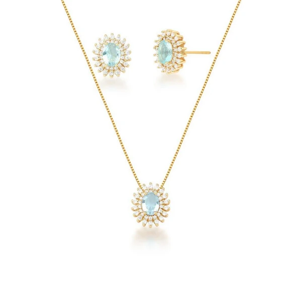 Conjunto Oval Brisa Azul Claro Banho de Ouro 18 K