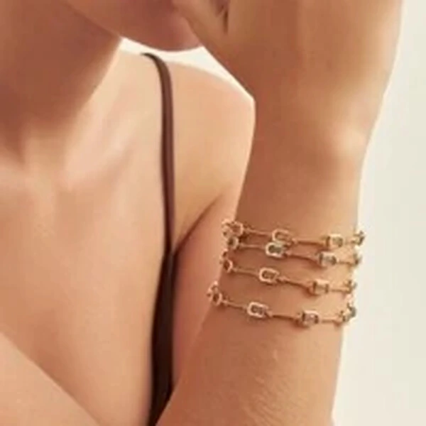 Pulseira Pedras Retangulares Intercaladas Rosa Claro | Banho de Ouro 18k | 5x3mm | Regulável 18–20cm