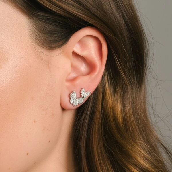 Dupla Brincos Borboletas Cravejadas Ródio Branco