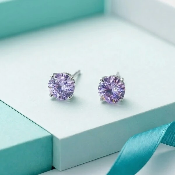 Brinco Solitário 8 MM Lavanda Prata 925