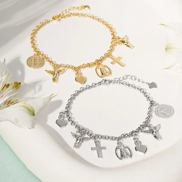 Pulseira Espírito Santo, São Bento e Nossa Senhora Prata com Banho de Ouro 18 K