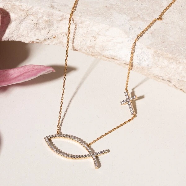 Colar Ichthys com Cruz e Zircônias Brancas | Liga Metálica Banho Ouro 18k | 50 cm