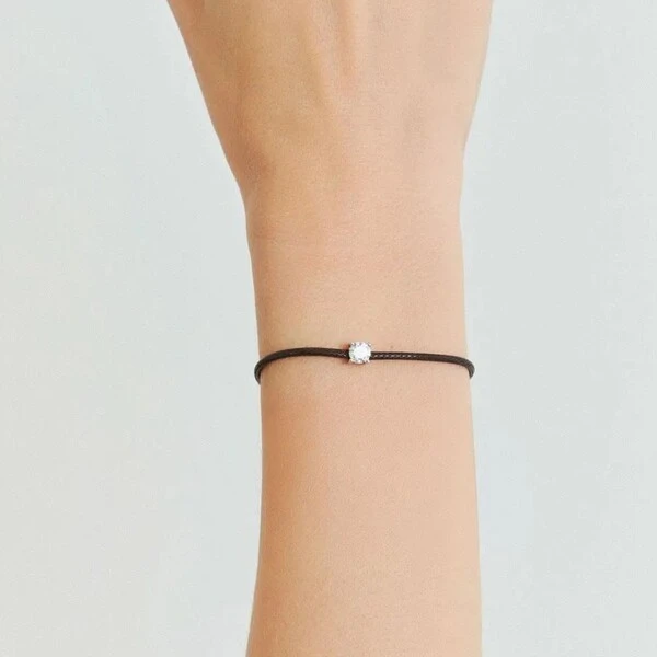 Pulseira Fio de Seda Marrom Zircônia Redonda | Prata 925 com Ródio Branco | Pingente 5mm | 16cm