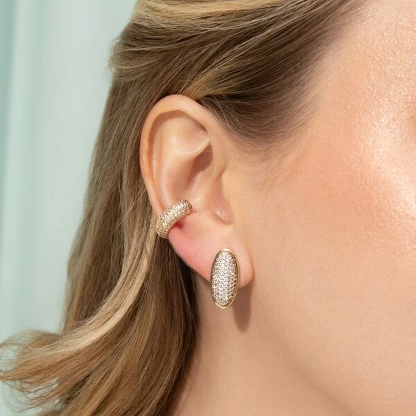 Brinco Oval Cravejado Mix Banho de Ouro 18 K