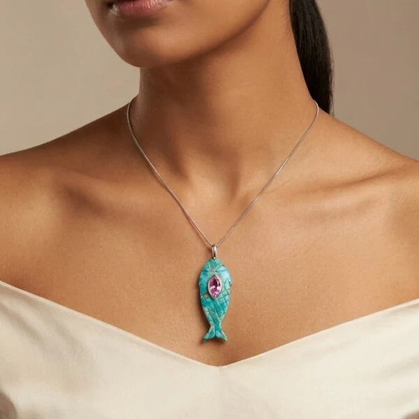Colar Ichthys em Turquesa Reconstituída com Zircônia Navete Turmalina Pink | Prata 925 com Ródio | 4
