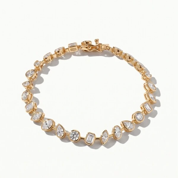 Pulseira Riviera Formas Zircônia Branca Banho de Ouro 18k