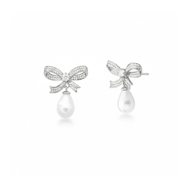 Brinco Laço Pérola Ródio Branco