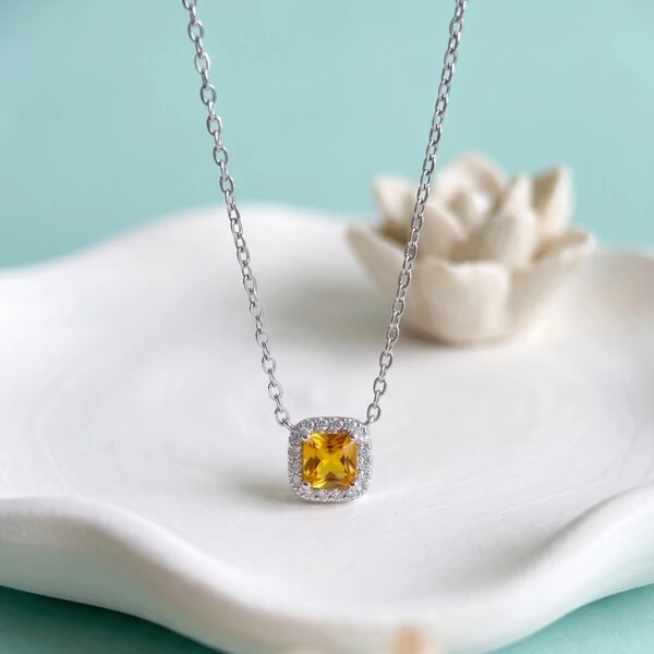 Colar Zircônia Aperol com Halo | Prata 925 com Ródio Branco | Pingente 7mm | Corrente 40–50cm