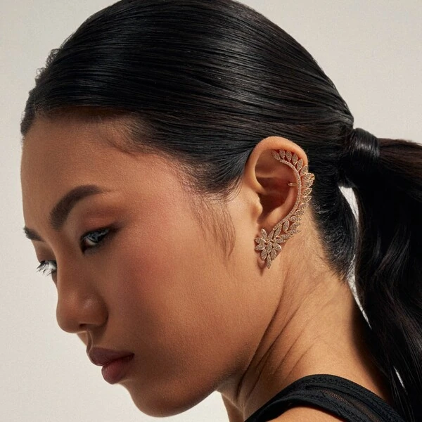 Brinco Max Ear Cuff Folhas Banho de Ouro 18 K