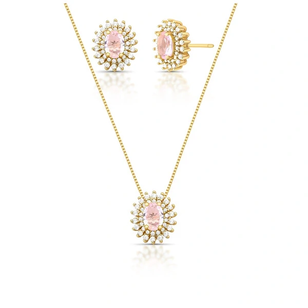 Conjunto Oval Brisa Rosa Claro Banho de Ouro 18 K