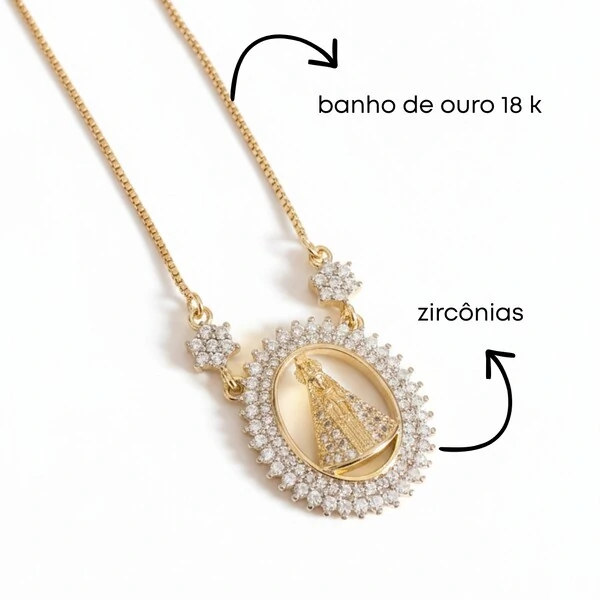 Colar Nossa Senhora Aparecida com Florzinhas Banho de Ouro 18K