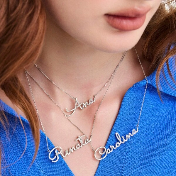 Gargantilha de Moissanite Nome Personalizado até 7 Letras Prata Rodinada 45 cm