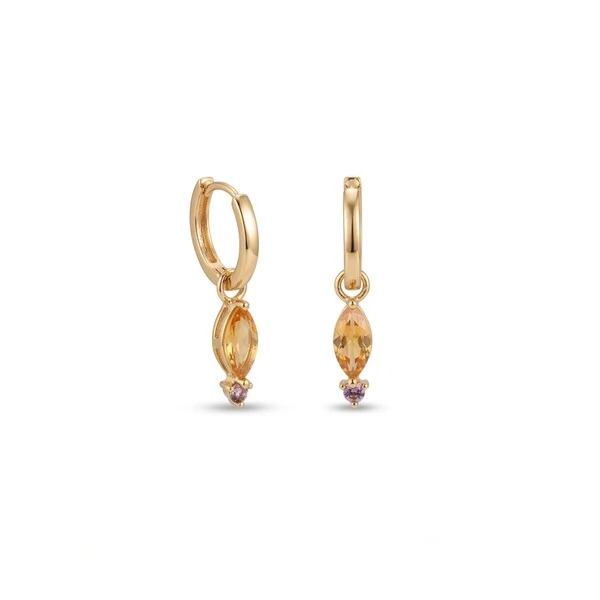 Argola Ear Bling com Charm Navete Cristal Citrino e Cristal Rodolita | Liga Metálica Banho Ouro 18k