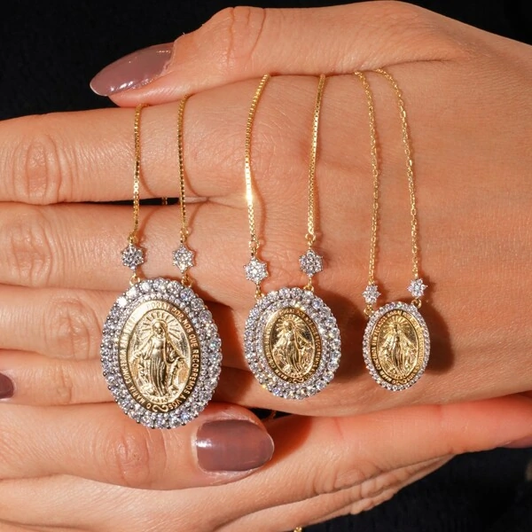 Colar Nossa Senhora das Graças P Moissanite Prata Banho de Ouro 18 K