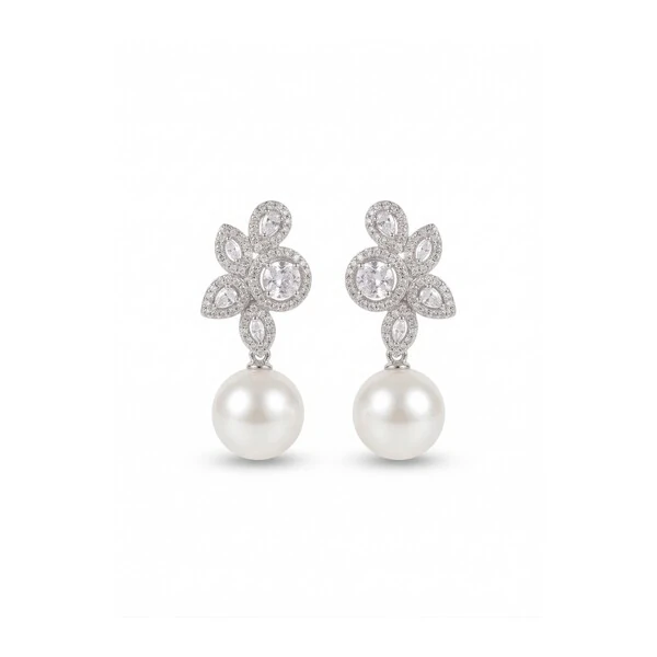 Brinco Pérola Shell Gotas Nádia Ródio Branco