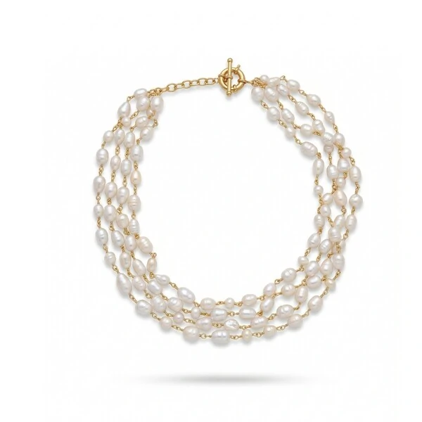 Colar 4 Fios Pérola de Água Doce | Banho de Ouro 18k | Regulável 40–45cm