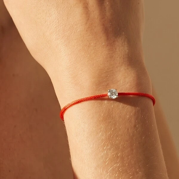 Pulseira Fio de Seda Vermelho Zircônia Redonda | Prata 925 com Ródio Branco | Pingente 5mm | 16cm