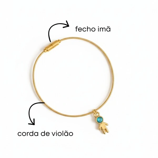Pulseira Corda de Violão Menino Verde Banho de Ouro 18 K