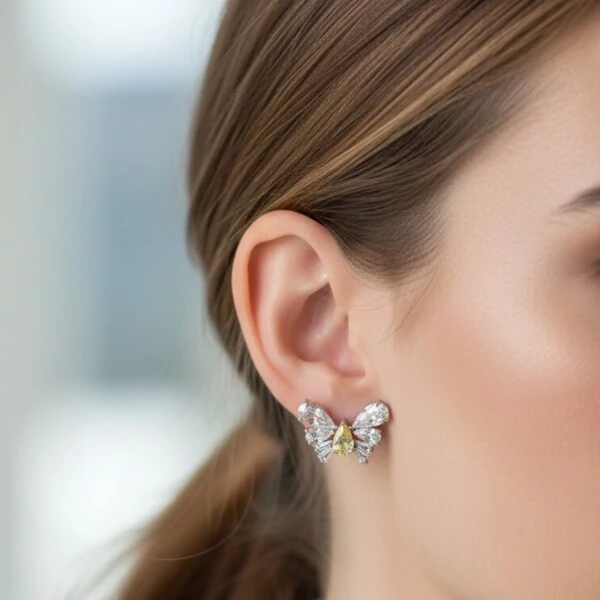 Brinco Borboleta Gota Citrino Ródio Branco