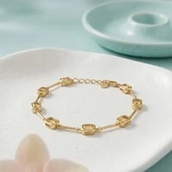 Pulseira Pedras Retangulares Intercaladas Laranja | Banho de Ouro 18k | 5x3mm | Regulável 18–20cm (c