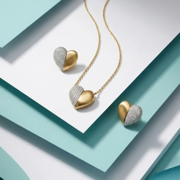 Conjunto Heart Fosco Acetinado e Zircônias | Banho de Ouro 18k | Brinco 1,9cm + Colar Pingente 1,9cm