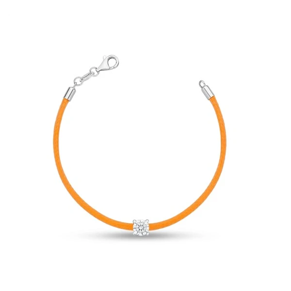 Pulseira Fio de Seda Laranja Zircônia Redonda | Prata 925 com Ródio Branco | Pingente 5mm | 16cm