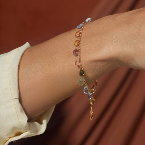 Pulseira Gotas Penduradas Cristais Peridoto, Citrino e Rodolita Banho de Ouro 18k