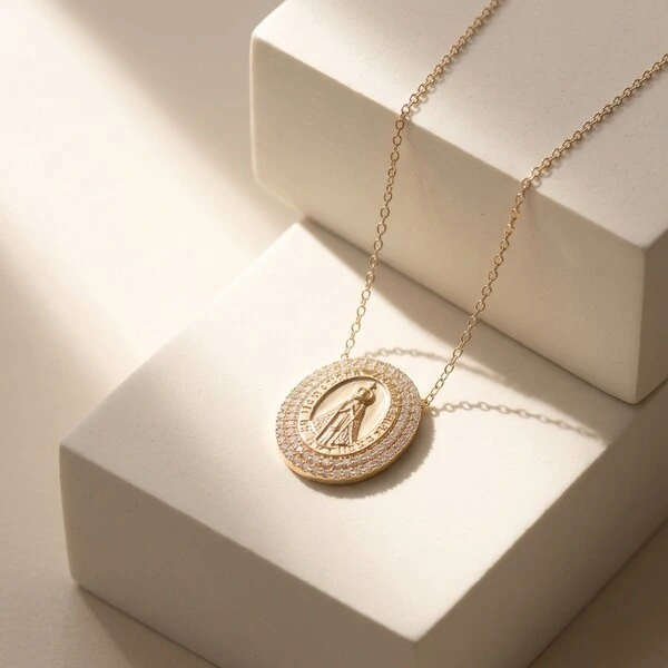 Colar Nossa Senhora Aparecida Oval Duas Fileiras de Moissanite Corrente Regulável Prata com Banho de