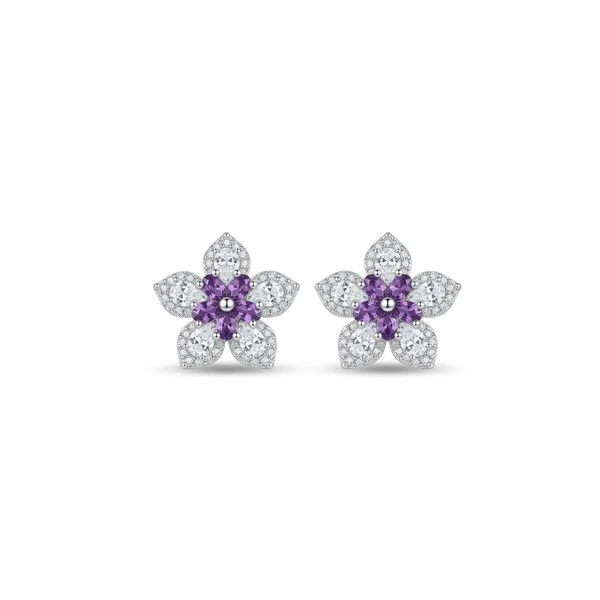 Brinco Flor com Zircônias Brancas e Zircônia Alexandrita no Centro | Prata 925 com Ródio | 1,4 cm