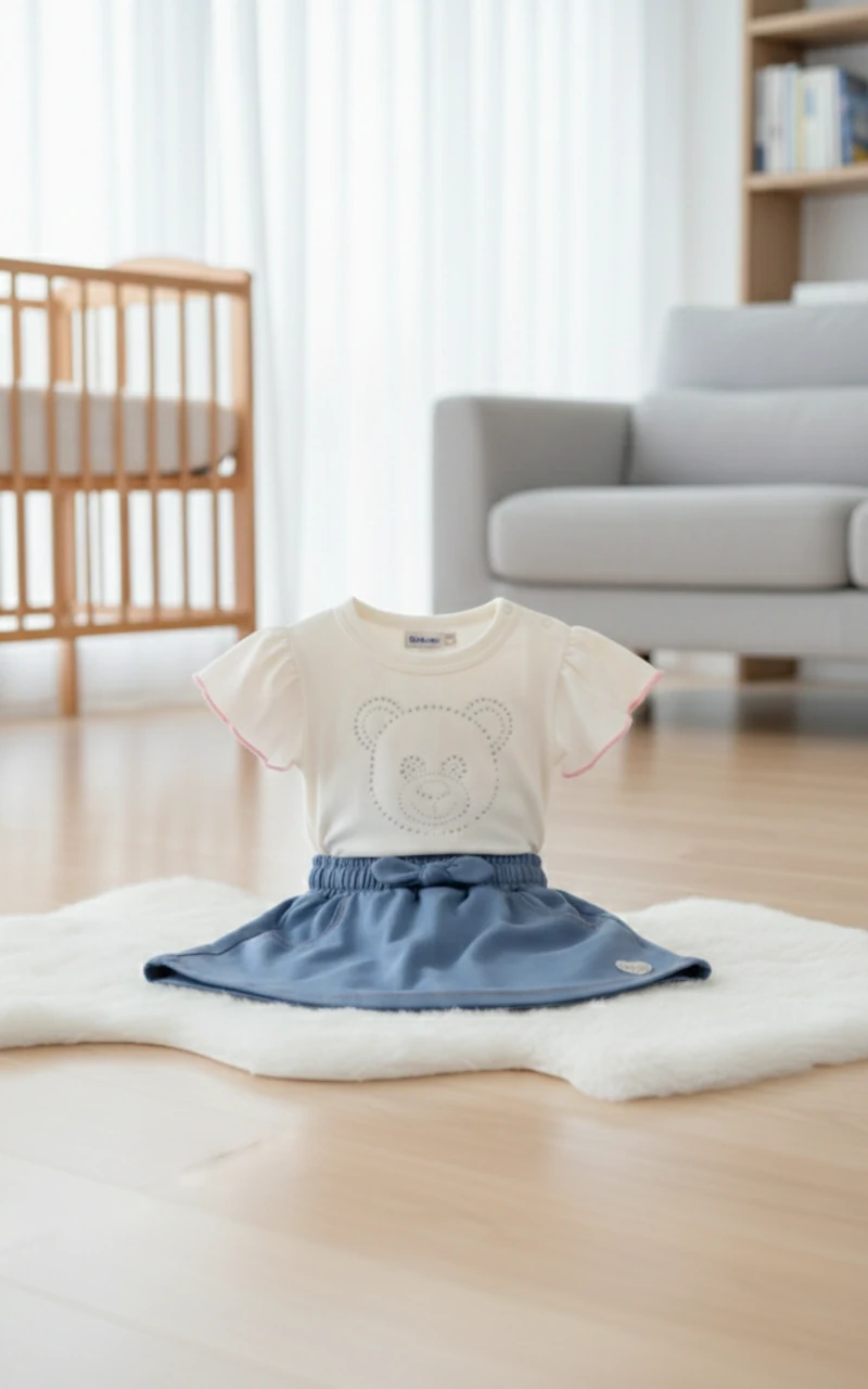 FotoConjunto Blusa Ursinho e Saia Azul com Laço