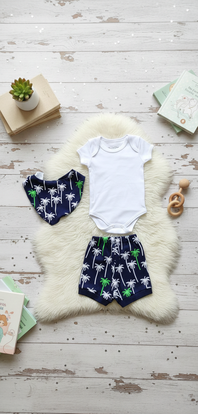 FotoConjunto Baby Tropical Premium – Body, Shorts e Babador Bandana
