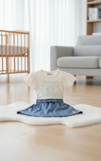 FotoConjunto Blusa Ursinho e Saia Azul com Laço