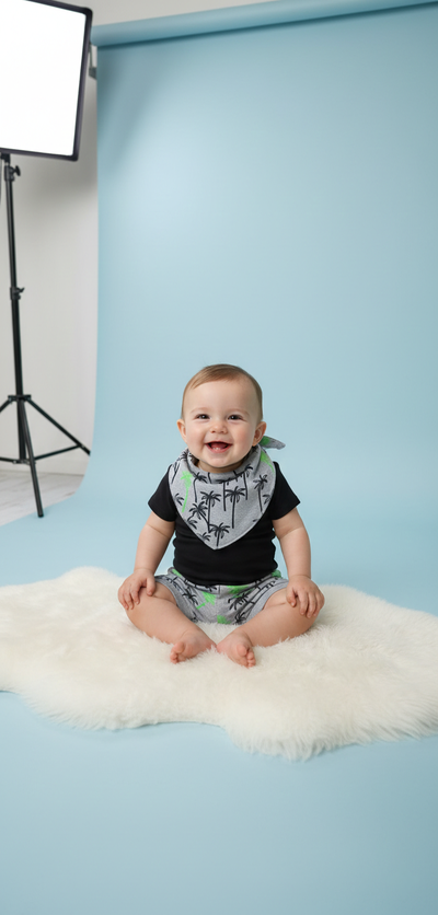 Foto Conjunto Baby Tropical Premium – Body, Shorts e Babador Bandana