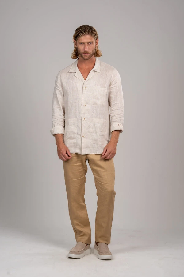 Conjunto Calça Amalfi Camelo e Camisa Linen Monte Carlo Natural