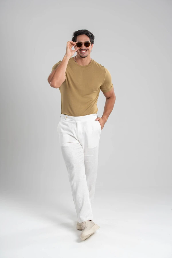Conjunto Camisa Tricô Modal Verde e Calça Linho Amalfi Off White